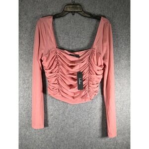 Lulus Ruched Mesh Square Neck Long Sleeve Crop Top Rose Pink XL